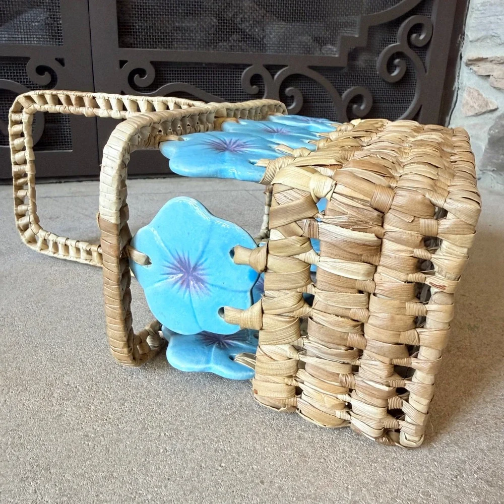 Vintage Woven Straw Basket Ceramic Blue Morning Glory Flowers Bohemain Caddy